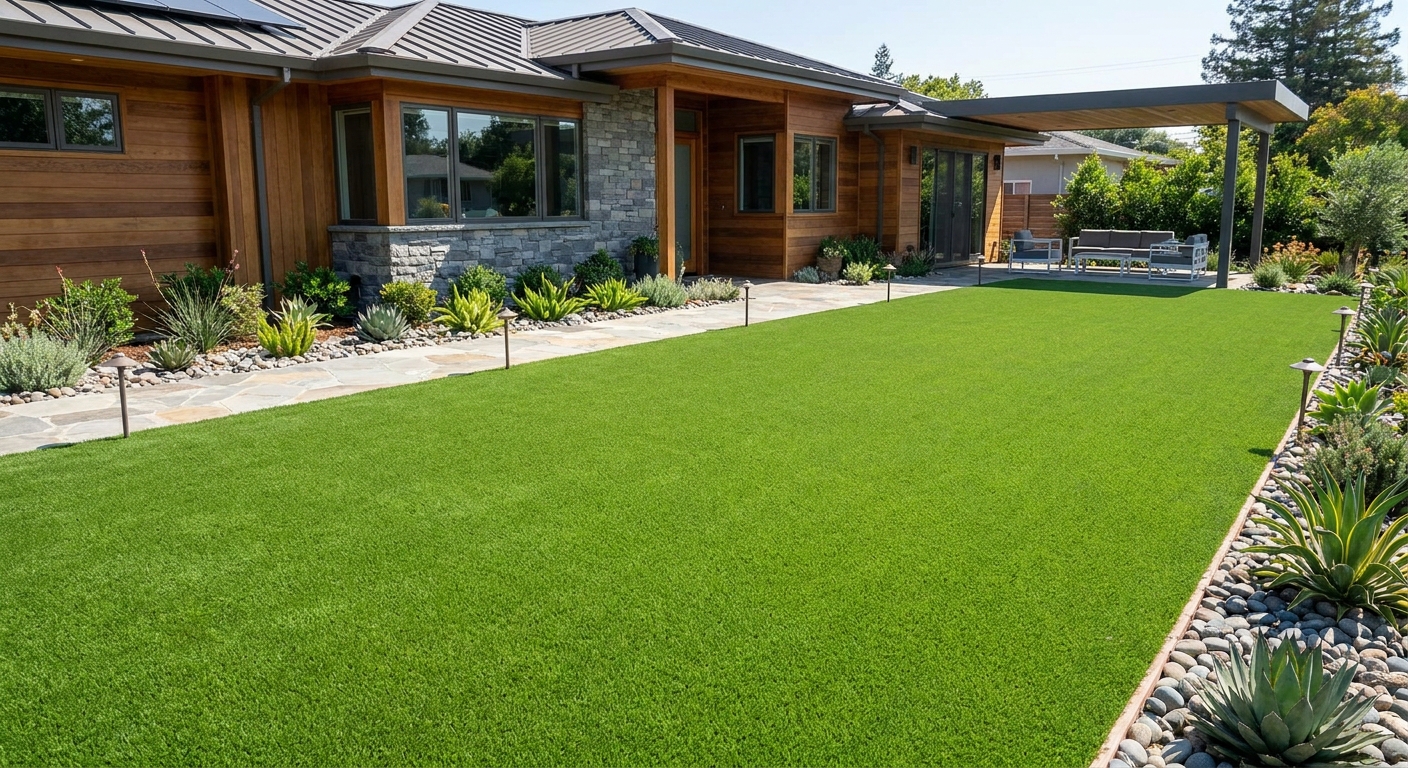 Full yard artificial turf installation with modern home